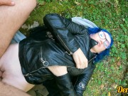 cutie in glasses with blue hair fucks and gives a good blowjob in the woods 15/16