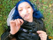 cutie in glasses with blue hair fucks and gives a good blowjob in the woods 16/16