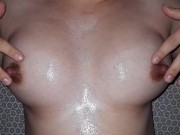 Horny bitch play with her big tits and large nipples 3/16