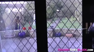 Granny in lingerie sucks black dong