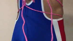 my new WRESTLING SINGLET ** Tied up COCK and BALLS **