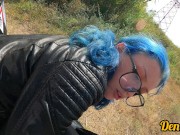 cutie with butt plug and jacket glasses with blue hair loves to have sex sucking dick on the river 10/16