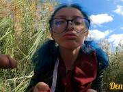 cutie with butt plug and jacket glasses with blue hair loves to have sex sucking dick on the river 16/16