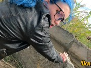cutie with butt plug and jacket glasses with blue hair loves to have sex sucking dick on the river 6/16