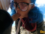 cutie with butt plug and jacket glasses with blue hair loves to have sex sucking dick on the river 7/16