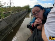 cutie with butt plug and jacket glasses with blue hair loves to have sex sucking dick on the river 8/16