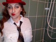 A chick in clothes under the shower. Wet panties, wet trousers, wet shirt. 2 1/16