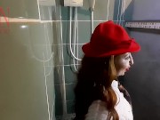 A chick in clothes under the shower. Wet panties, wet trousers, wet shirt. 1 1/16