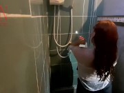 A chick in clothes under the shower. Wet panties, wet trousers, wet shirt. 1 3/16