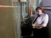 A chick in clothes under the shower. Wet panties, wet trousers, wet shirt. 1 4/16