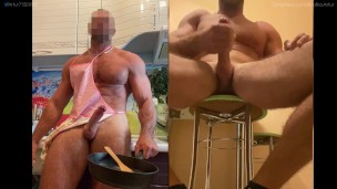 Muscle athlete making breakfast with morning wood/fans.ly/ArchiPan