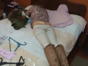 Very beautiful Latin mother comes home and shows off very excited in front of the maid's husband