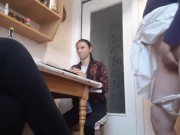 У нашей третьей девушки начала течь киска и она кончила на кухне под наши грязные разговоры 13/16