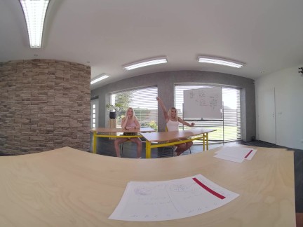 Two Horny Blondes Shares Strong Teacher's Rod At Classroom VR Porn