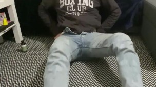 Watching porn and wanking my big cock hard, my thighs looking good!