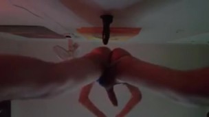 Slim tall twink riding his dildo until he shoots his load all over the camera!
