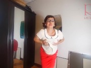 A naked lady does make-up in front of a mirror, puts on underwear, stockings, a skirt. 3 10/16