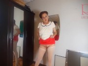 A naked lady does make-up in front of a mirror, puts on underwear, stockings, a skirt. 3 6/16