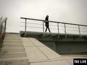 Sexy teen is so horny she fingers her pussy to orgasm on a bridge 3/16