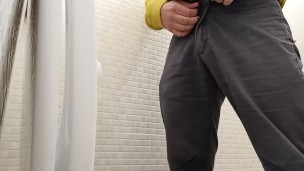 Peeing public toilet without hands - uncutted cock with huge foreskin