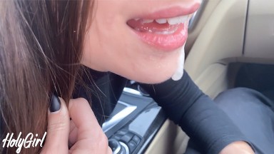 Horny girl driver swallows random guy's cock in car.