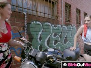 Curvy big titted blonde motorbiker licked and fingered by sexy brunette mechanic 5/16