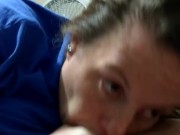 Babysitter sucking and gagging on hard cock until she makes him explodes cum on himself part 2