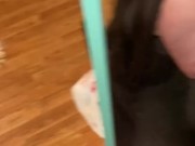 Spooky Halloween pumpkin girl gives post party pumpkin head. 5/16