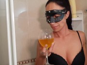 Pissing a drink in heels and stockings