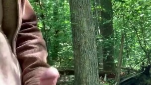 Horny guy jerking off thick dick outdoors with nice cumshot 
