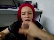 Beautiful Egirl Sucks Him While He Works at Home and Swallow All he Cum in her Mouth. 15/16