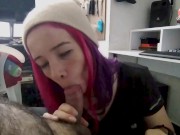 Beautiful Egirl Sucks Him While He Works at Home and Swallow All he Cum in her Mouth. 2/16