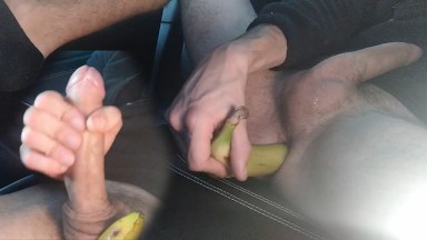 Big Cock Man in Car, Train His Anus with a Small Toy, then Insert Half a Banana, Likes It and Cums