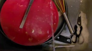 Desperate piss all over the dirty dishes before washing them