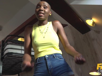 Fake Hostel - Cheating ebony gf ends up in threesome with petite Asian Thai girl sharing BBC