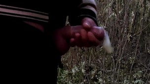 Outside jerk off with cum filled condom I was fucked before