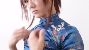 Satin Cheongsam - Japanese Crossdresser wearing Blue China Dress: FULL VID ON ONLYFANS