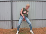 pissing with a powerful stream on the street by the fence 4K 11/16