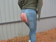 pissing with a powerful stream on the street by the fence 4K 13/16