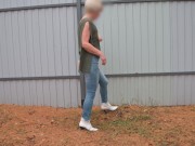 pissing with a powerful stream on the street by the fence 4K 2/16