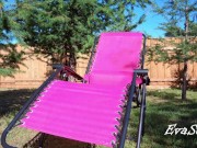 Hot babe fucks herself with a dildo on the hotel territory and orgasms