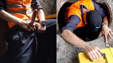 The plumber in the manhole masturbates to the found sexy pictures of his boss