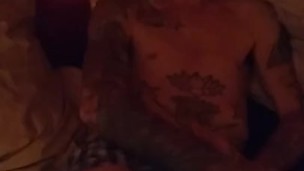 Hot Tattooed guy Jerks off himself teasing his MILF wife filming him. 