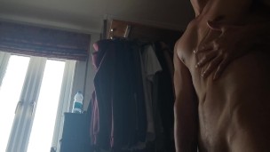 Sexy male stripteases, hip thrusts and shakes with pleasure