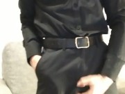 Hot guy in black suit coming from office to rest and wank his big cock