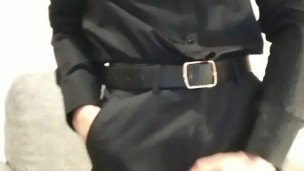 Hot guy in black suit coming from office to rest and wank his big cock