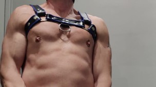 PecsPup cums in handcuffs and harness