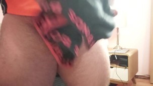 Big muscle bear wearing hi vis gear cums, using his underwear as a cum rag