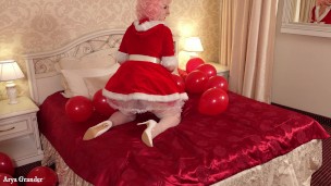 Santa girl tease you by round buttocks, naked pierced pussy and air balloons fetish