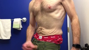 Shirtless jerk-off in the bathroom, wearing my Hollister boxers, verbal